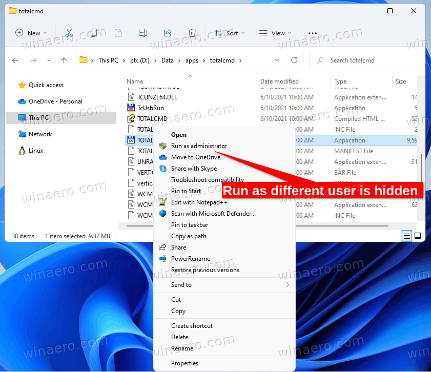 Remove Run As Different User from context menu