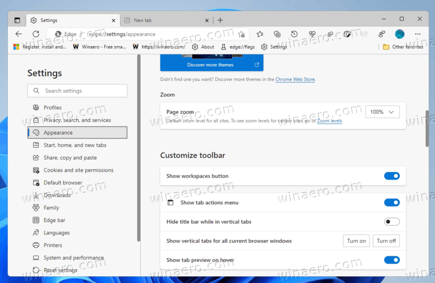 Workspaces Toggle Option In Edge Canary