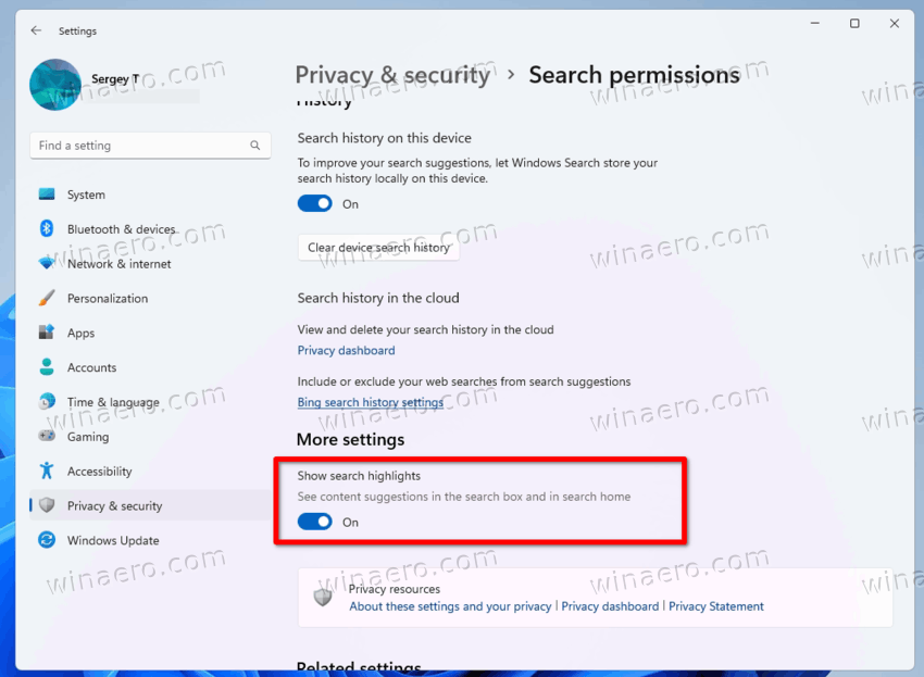 Disable Search Highlights Windows 11