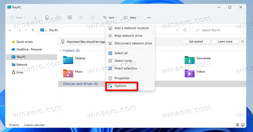 Open File Explorer Options