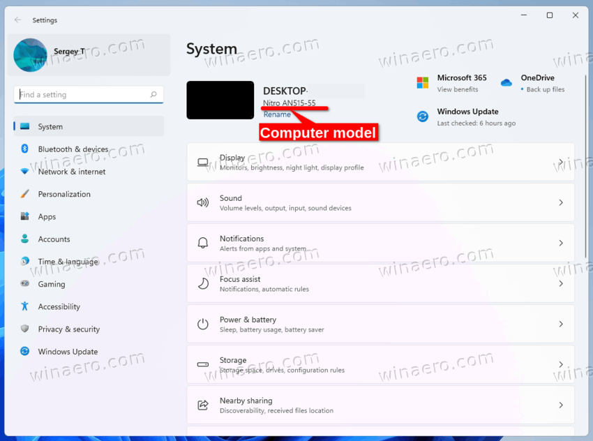 System Product Name in Windows 11 on a laptop
