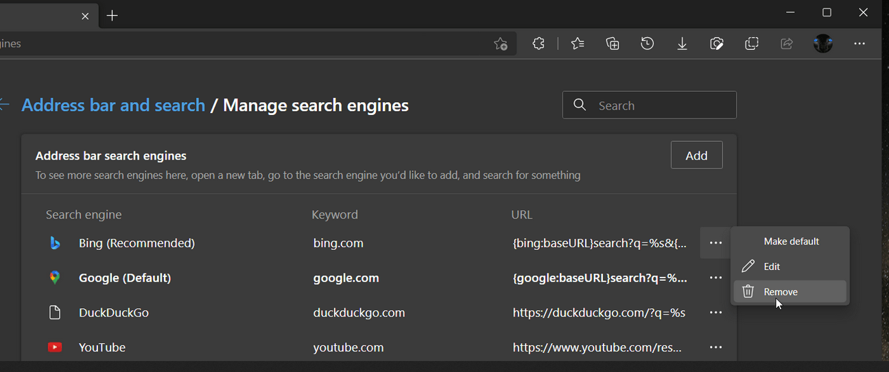 Remove Default Search Engines in Edge