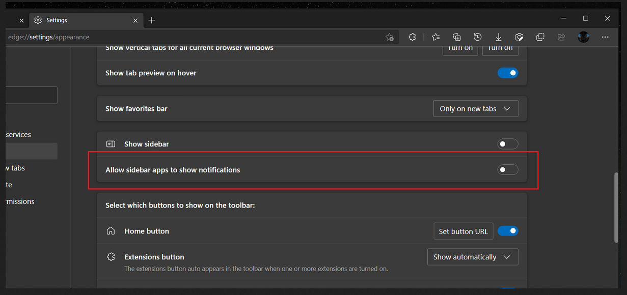 Edge Allow sidebar apps to show notifications