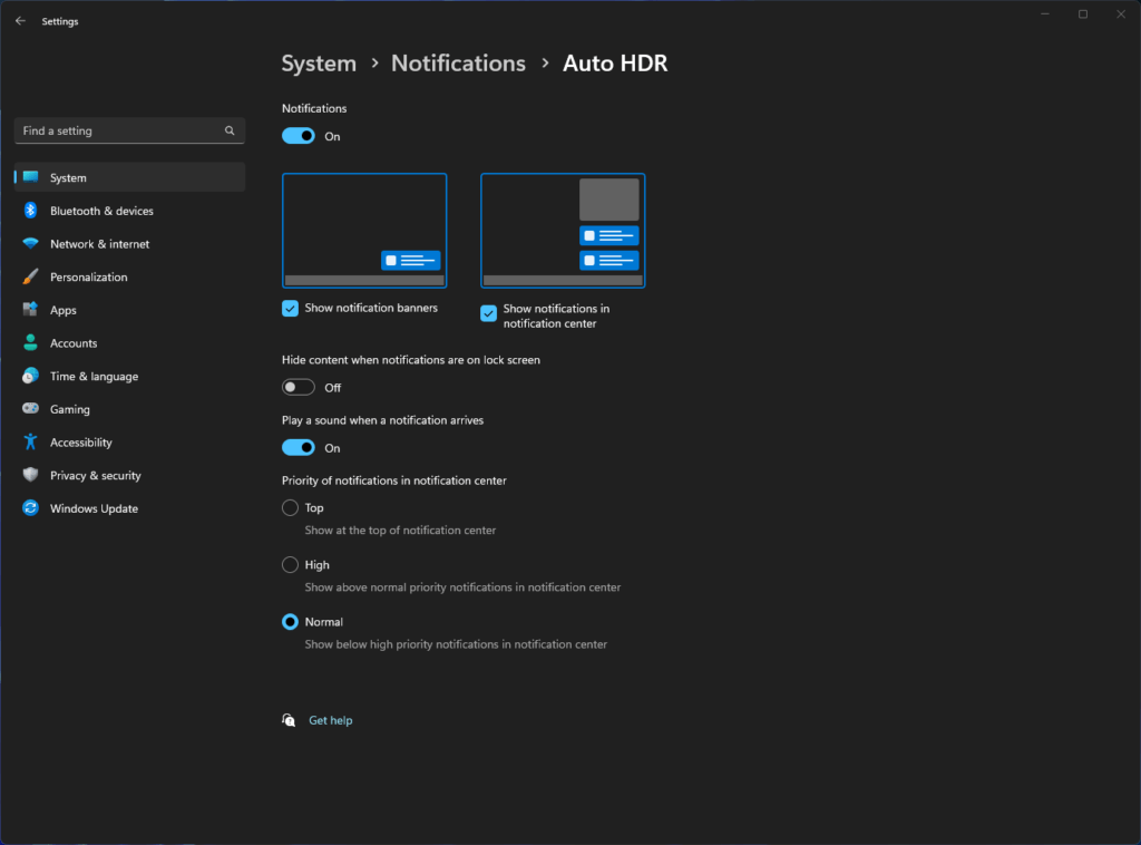 Auto HDR Notification options