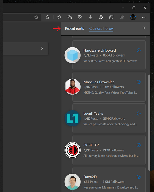 Follow Creators improvements in Edge