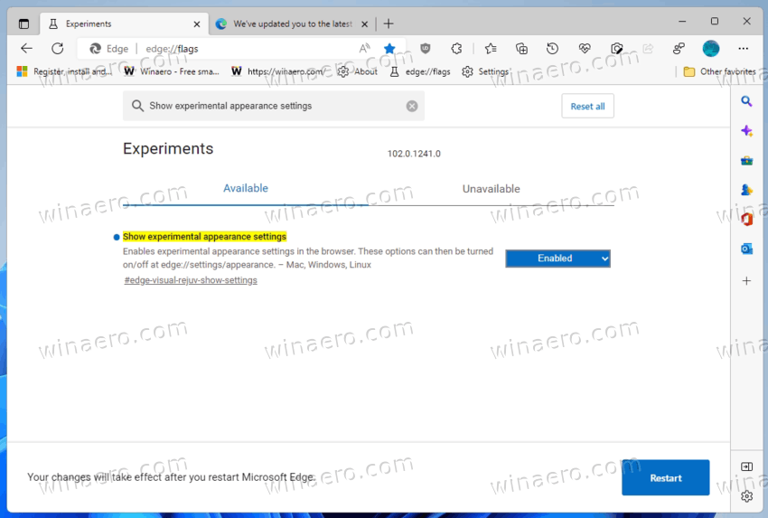 Enable experimental appearance settings in Edge