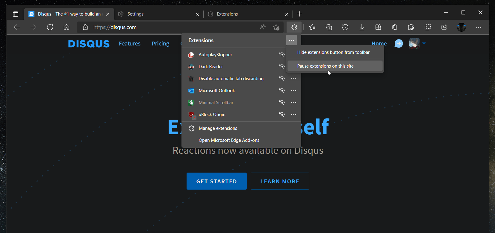 Pause Extensions In Microsoft Edge