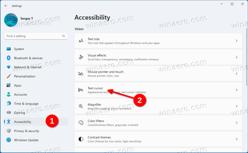 Windows 11 Settings > Accessibility > Text Cursor