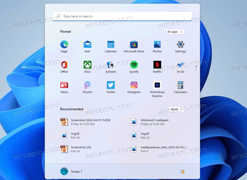 The example of Windows 11 Start menu