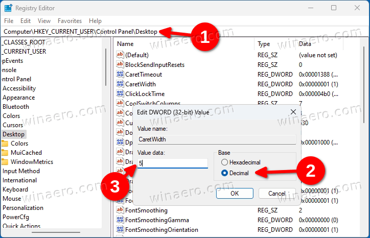 Change text cursor thickness in registry