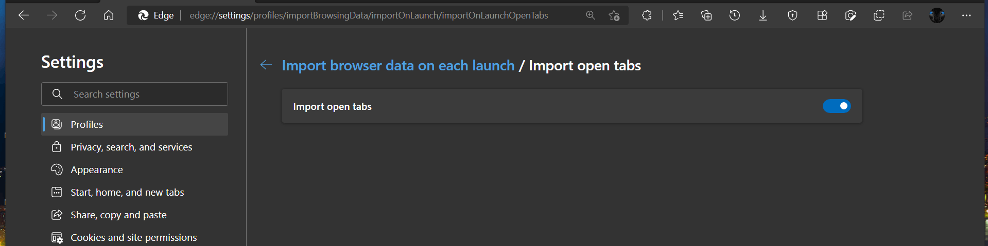 Edge Import open tabs on launch
