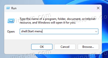 Shell command to open Start menu folder