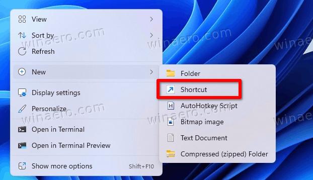 Select new > shortcut from the menu