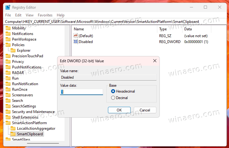 Turn off Suggested Actions in the Registry