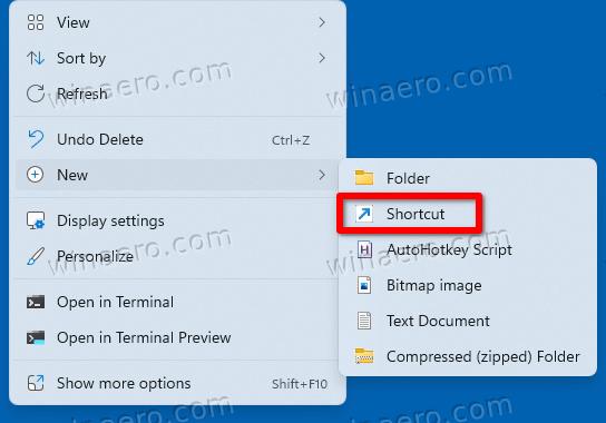 Select new shortcut from the menu