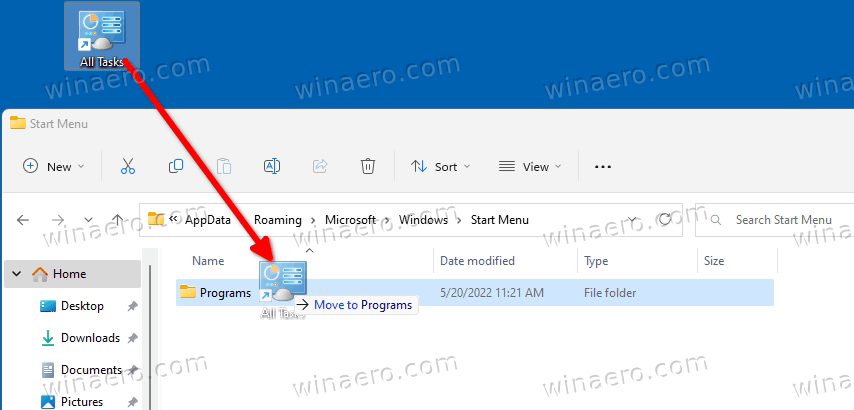 Move the shortcut to the Programs folder