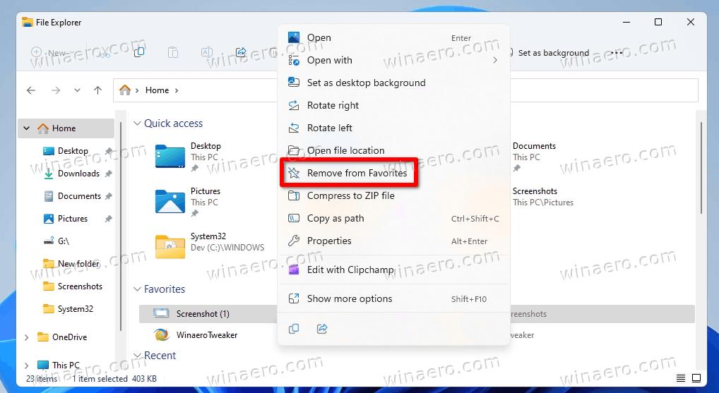 Remove Favorites from Home in Windows 11 File Explorer