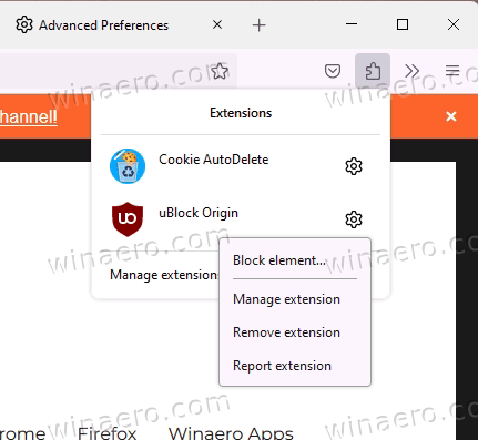 Extension options button
