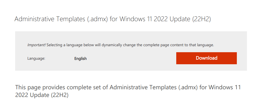 Windows 11 22H2 ADMX Templates Download