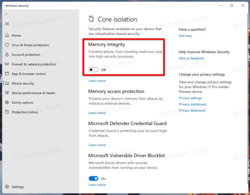 Disable memory integrity option