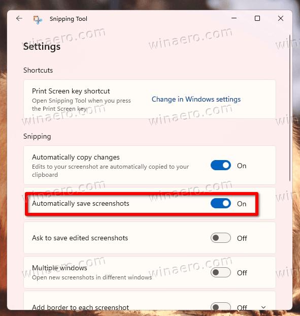 Disable Automatically Save Screenshots In Snipping Tool