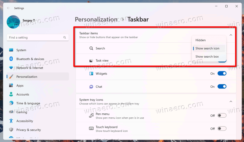 Taskbar Search Settings