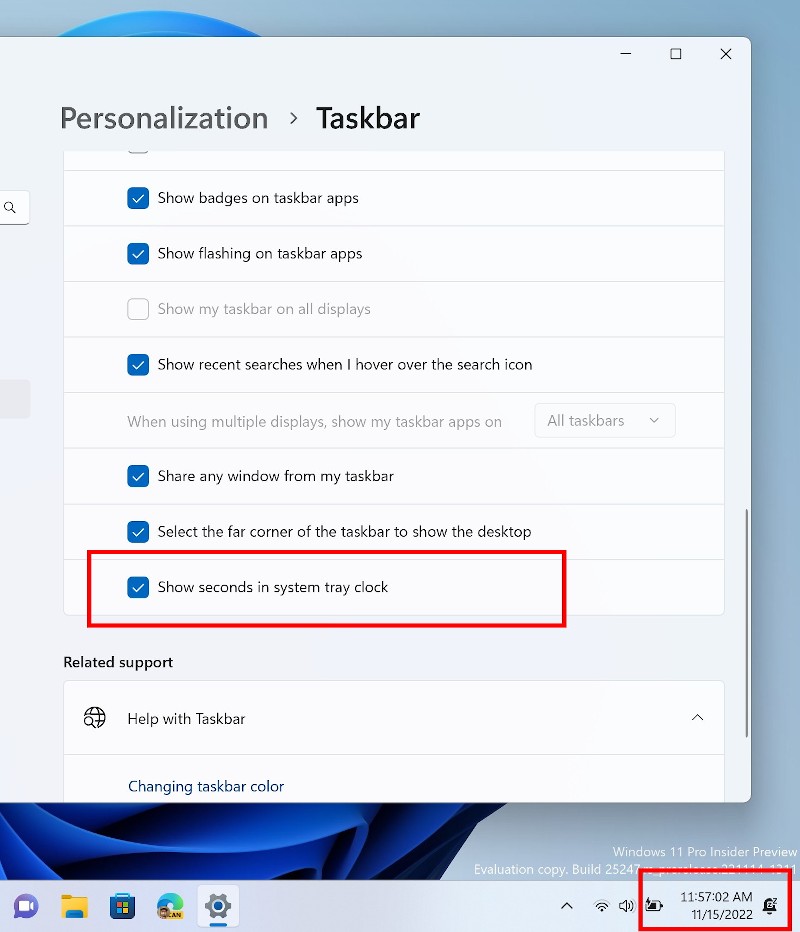 Clock Seconds Settings in Windows 11 Moment 3