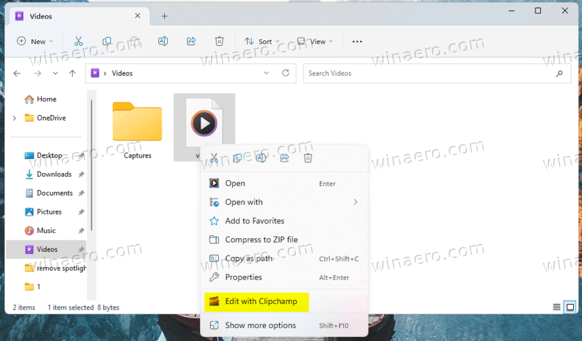 Clipchamp in the context menu of File Explorer