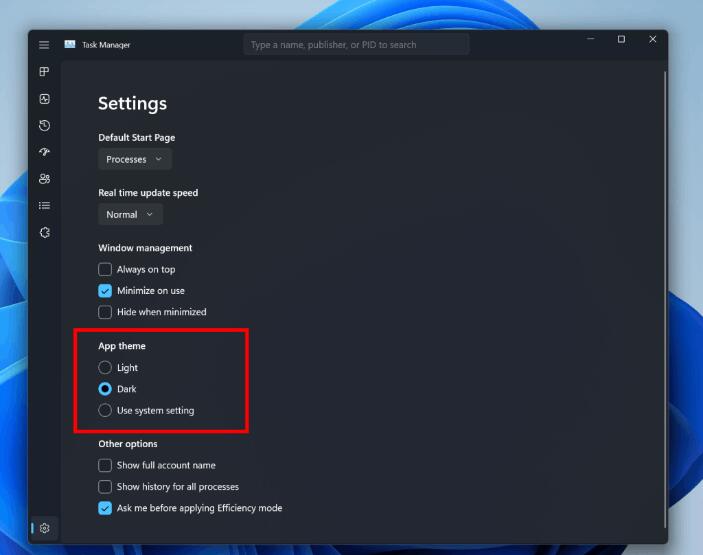 Task Manager Theme Option