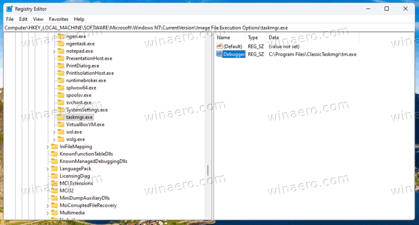 taskmgr debugger registry key