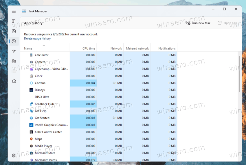 App History Tab In Task Manager