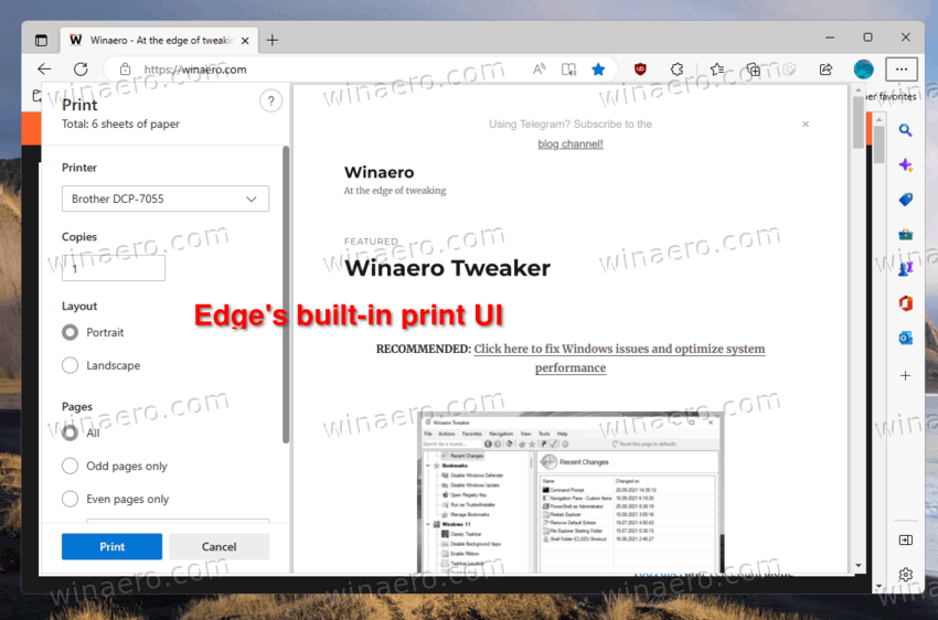built-in printing UI in Edge