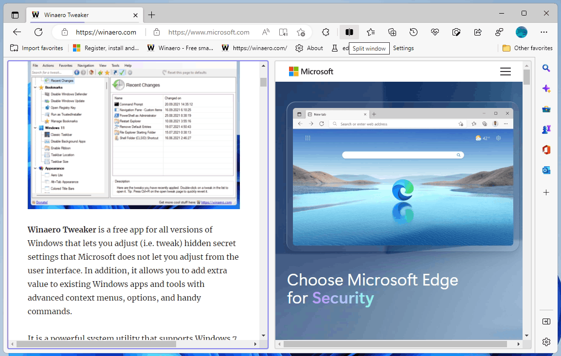 Two web pages open in Split Screen in Edge