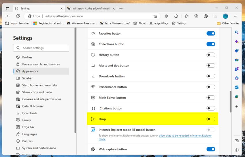 Microsoft Edge Enable Drop Button