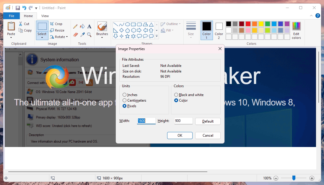 Old Image Properties Dialog in Paint