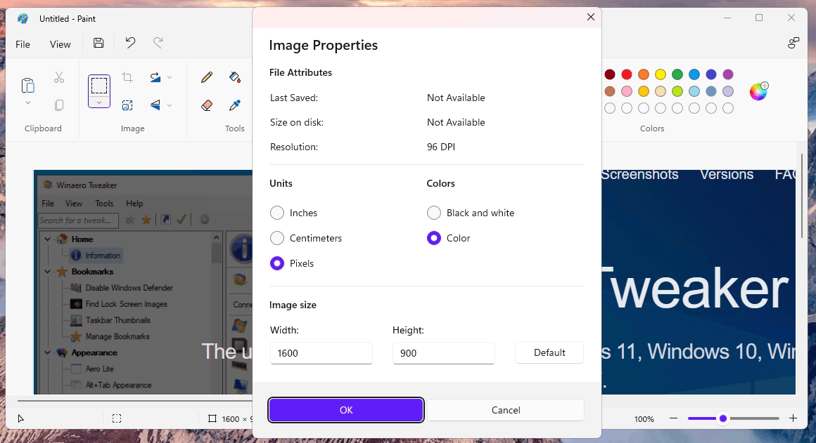 The new Image Properties window in Paint