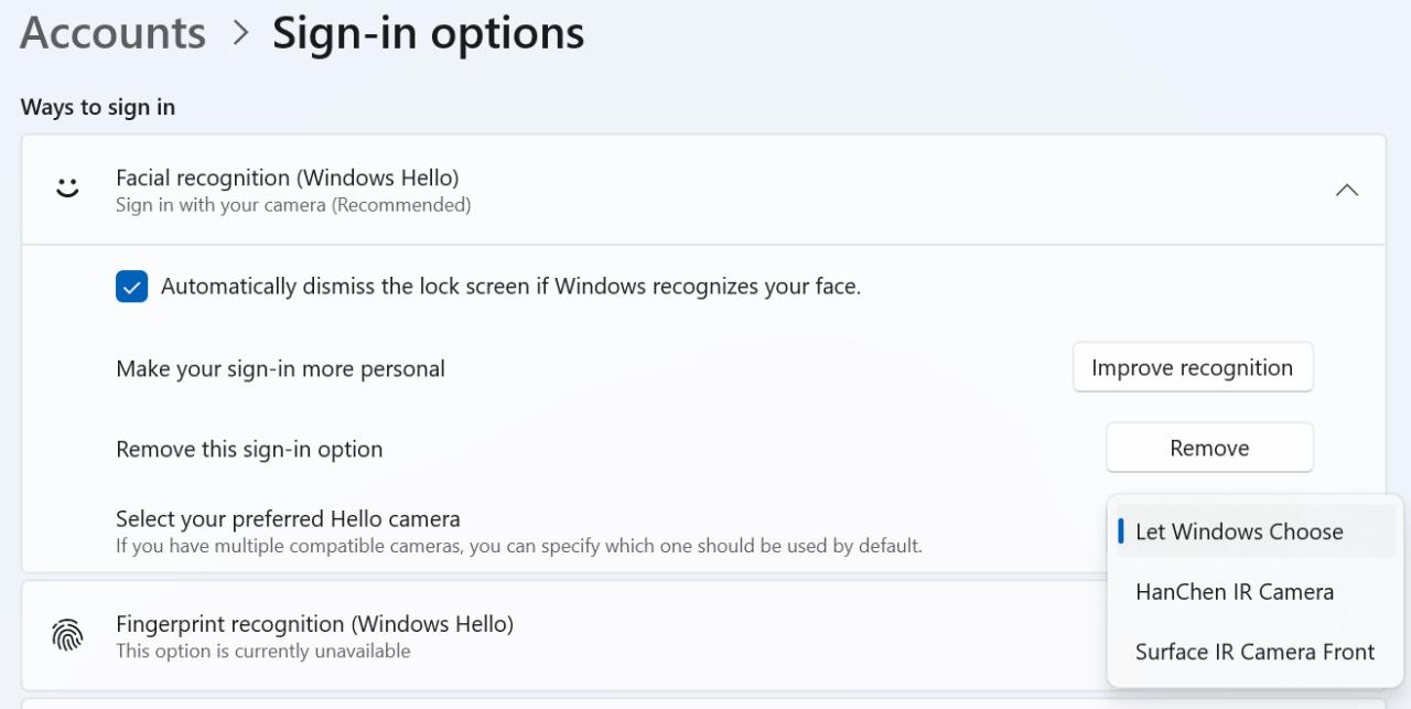 Select Camera for Windows Hello