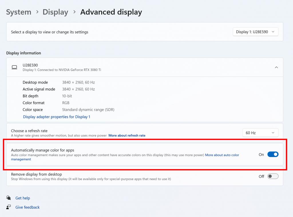 Build 25309 Auto Color Management Setting In The Advanced Display Settings Page