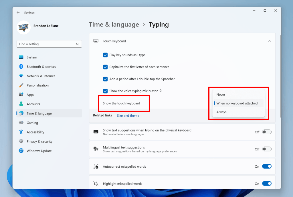 Build 25309 New Touch Keyboard Settings.