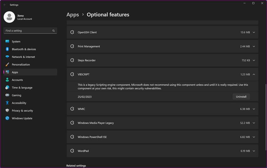 VBScript has become optional component in Windows 11