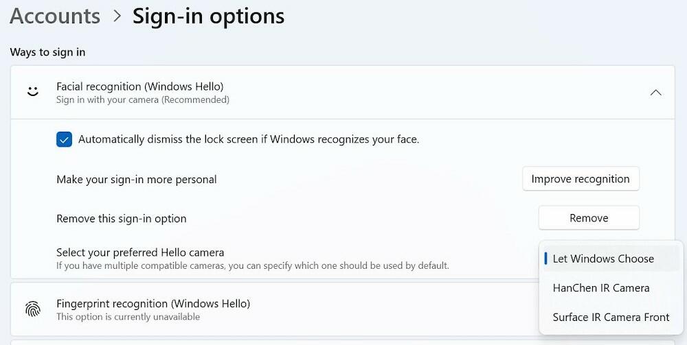 Windows Hello Select Camera