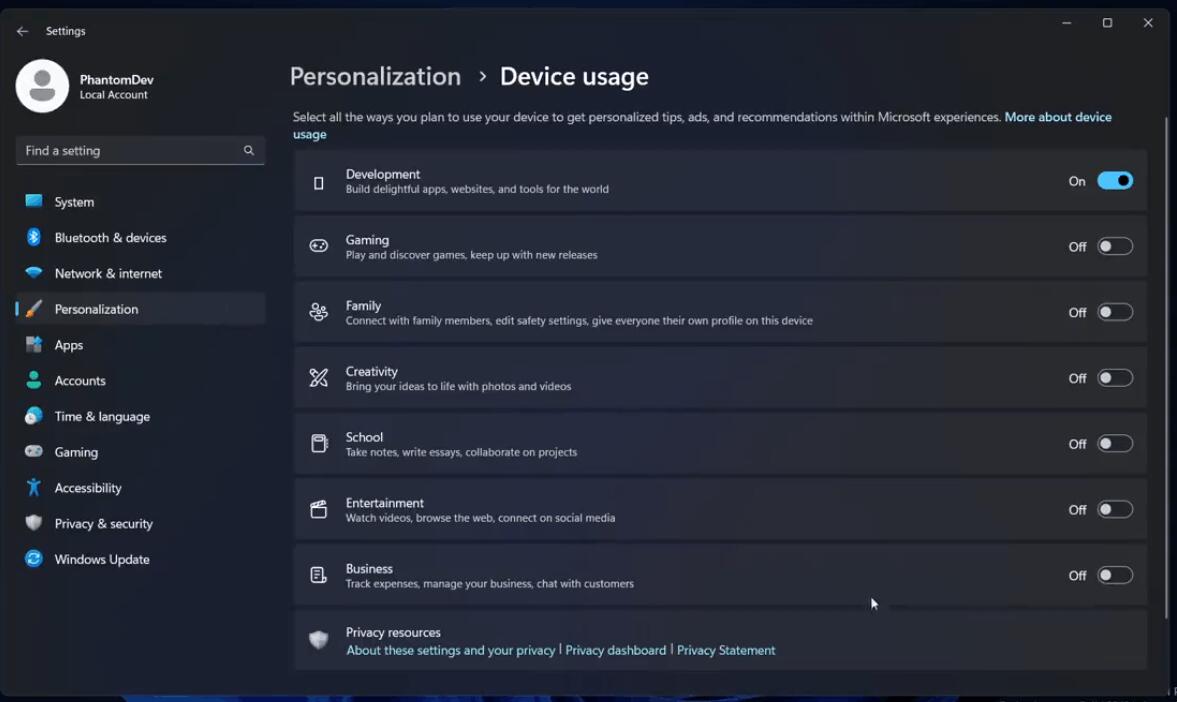Develompment Option In Personalization Device Usage