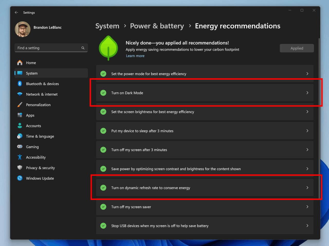 Settings New Energy Recommendations