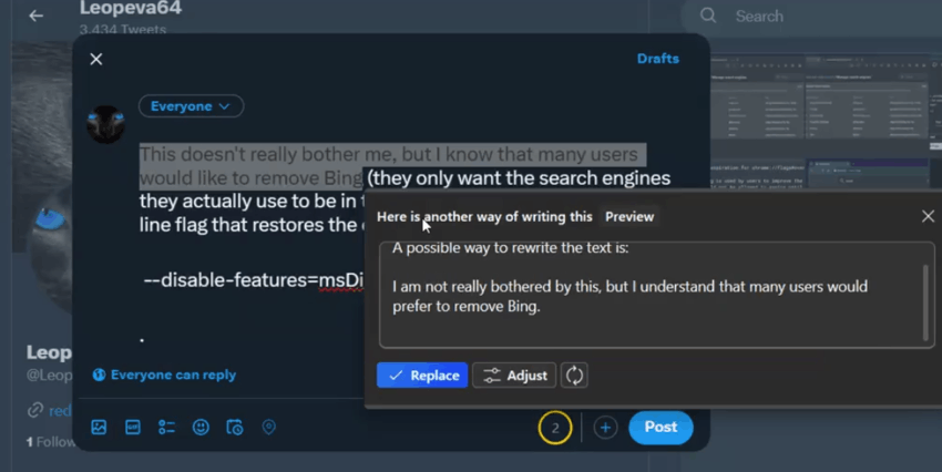 Edge Replace Original Text With AI Rewritten Text