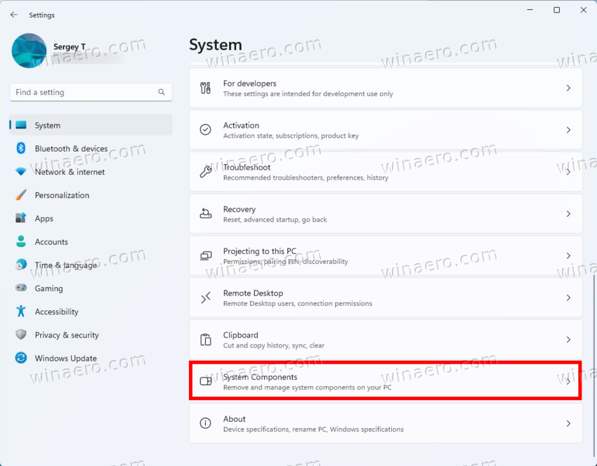 The System Components Button In Settings System