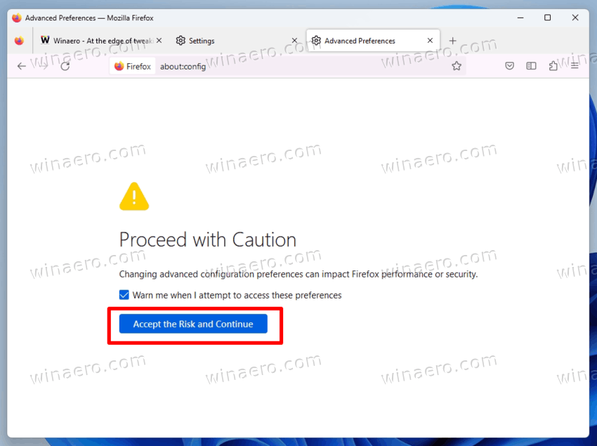 Accept Risk And Continue Button