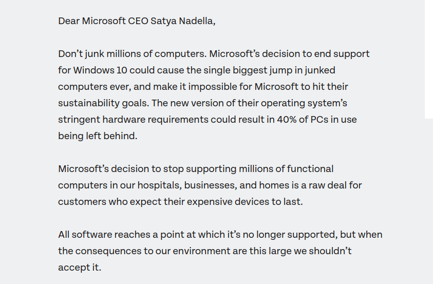 Petition Call On Microsoft To Save 400 Million PCs