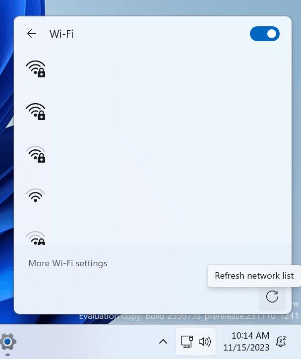 Windows 11 Wi-Fi refresh button in Quick Settings