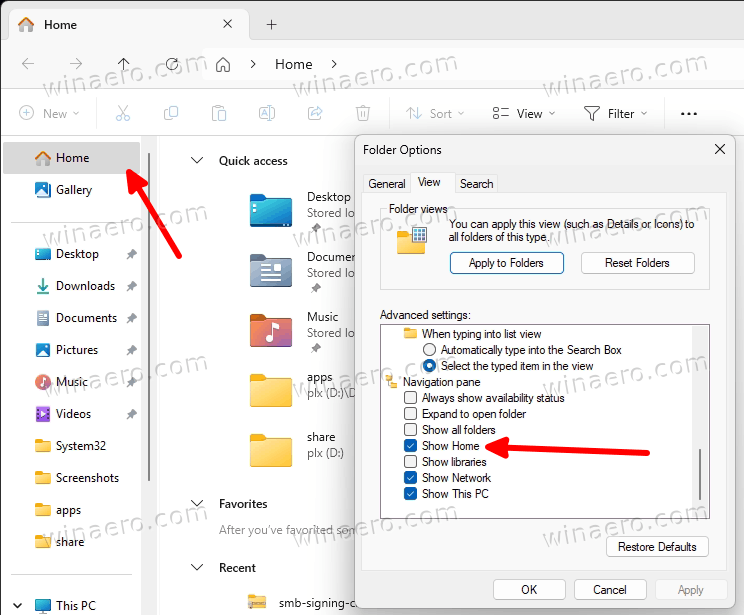 Add Show Home To Folder Options Of File Explorer