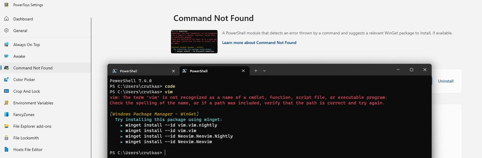 PowerToys Command Not Found Tool